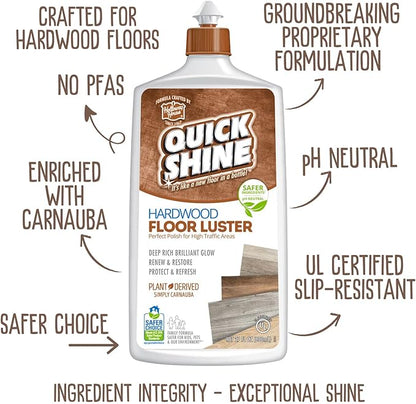 Quick Shine Hardwood Floor Luster-Polish 27oz-2pk | Plant-Derived w/Carnauba | Safer Choice, No PFAS, pH Neutral | Ready to Use Formula w/Anti-Slip Technology | Simply Squirt & Spread | Made in USA