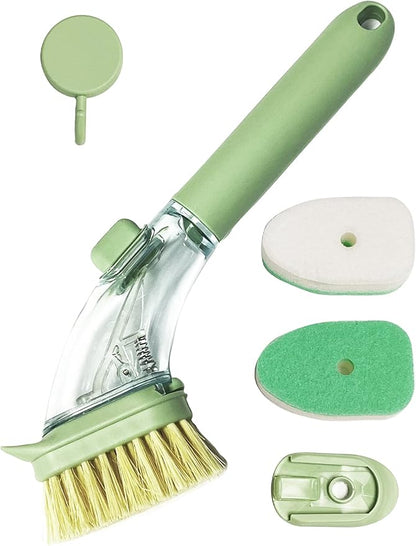 DAJOOEE Dish Brush with Soap Dispenser, Green, Nylon Bristles, Iron and Silicone Handle, 3 Replacement Heads, Kitchen Cleaning Brush
