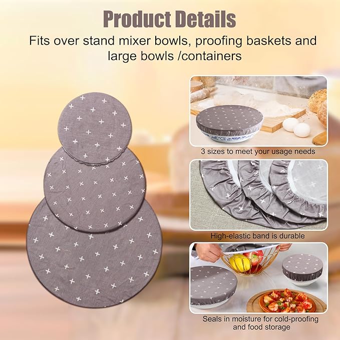 3PCS Reusable Bowl Covers for Bread Proofing, Beeswax Reusable Elastic Cotton Bowl Covers, Bread Proofing Cap for Food Fruit Salad Eco-Friendly