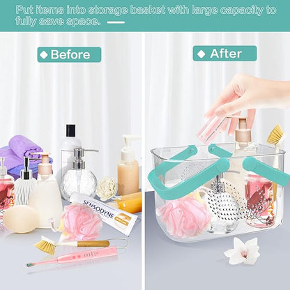 2 Pack Plastic Shower Caddy Basket, Portable Shower Caddy Tote Storage Basket with Handles, Clear Cleaning Supplies Organizer Bin for Bathroom Kitchen College Dorm (White+Cyan)