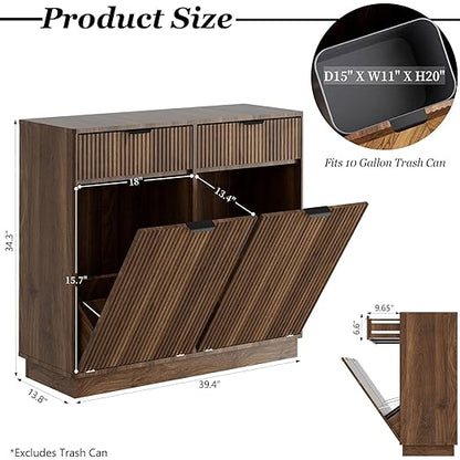 20 Gallon Double Tilt Out Trash Can Cabinet,Fluted Tilt Out Laundry Hamper Cabinet,Suitable for Kitchens, Laundry Rooms and Living Rooms Walnut Brown