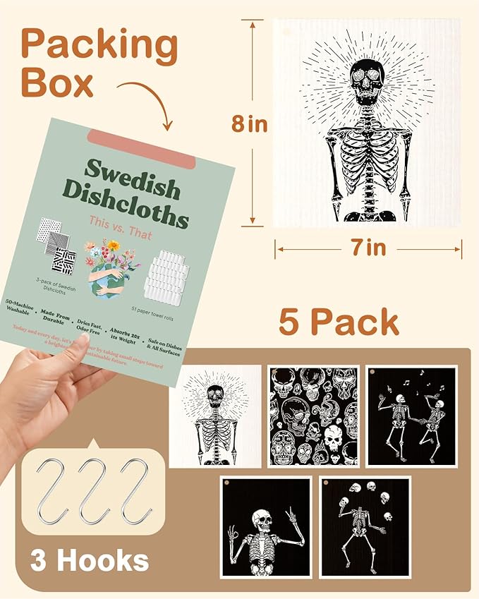 Miss Adola Swedish Dishcloths for Kitchen with Hooks - Reusable Dish Cloths for Washing Dishes Fast Drying Cute Fun 5 Pack Swedish Dish Towels Washable Cleaning Sponge, Dancing Skeleton