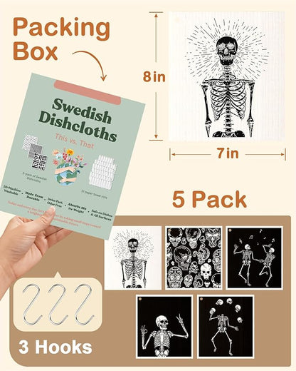 Miss Adola Swedish Dishcloths for Kitchen with Hooks - Reusable Dish Cloths for Washing Dishes Fast Drying Cute Fun 5 Pack Swedish Dish Towels Washable Cleaning Sponge, Dancing Skeleton