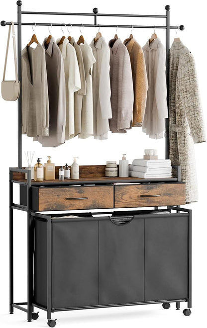 Mondeer Laundry Sorter with 2 Drawers and Hanging Rack, 150L Laundry Hamper with 3 Compartments Pull-Out Rolling Bag, Laundry Basket Organizer for Bathroom, Rustic Brown and Black