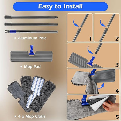 MASTERTOP Microfiber Dust Mop,Double-Sided Flat Mops for Hardwood Floors with 4 Reusable Mop Pads, Floor Mops with Stainless Steel Handle and Extension, Cleaner for Hardwood, Vinyl, Laminate, Tile