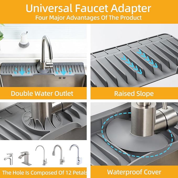 24" Silicone Sink Mat for Kitchen(Released in 2026) – 8° Slope for Quick Self-draining,Sink Splash Guard Behind the Faucet for Kitchen&Bathroom Area, Narrow Water Splash Guard Easy to Clean (Grey)