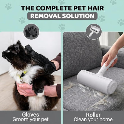 Pet Hair Remover Roller with 2 Grooming Gloves Reusable Lint Remover for Dogs and Cats (Gray)