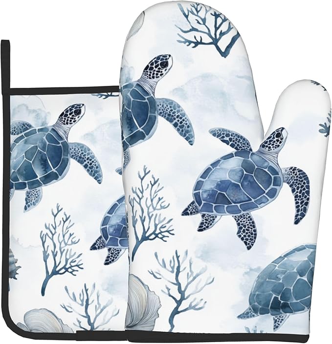 Nautical Oven Mitts for Women - 2 PCS Coastal Oven Gloves Summer Kitchen Mitts Beach Seashell Potholders for Baking and Cooking