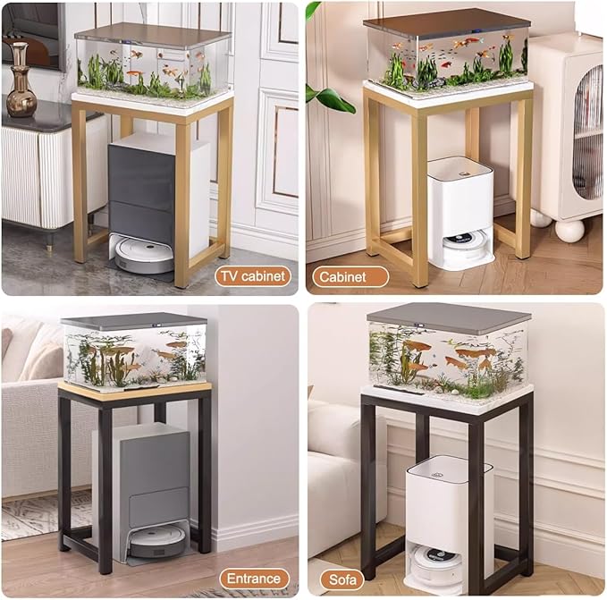 Storage Rack Above The Sweeping Robot,Robot Vacuum Stand Cabinet,Entryway Hallway Double-Tier Robot Vacuum Cleaner Shelf,Steel Frame with Wooden Top,Small End Tables for Bathroom(White/Gold,50x40/19.6