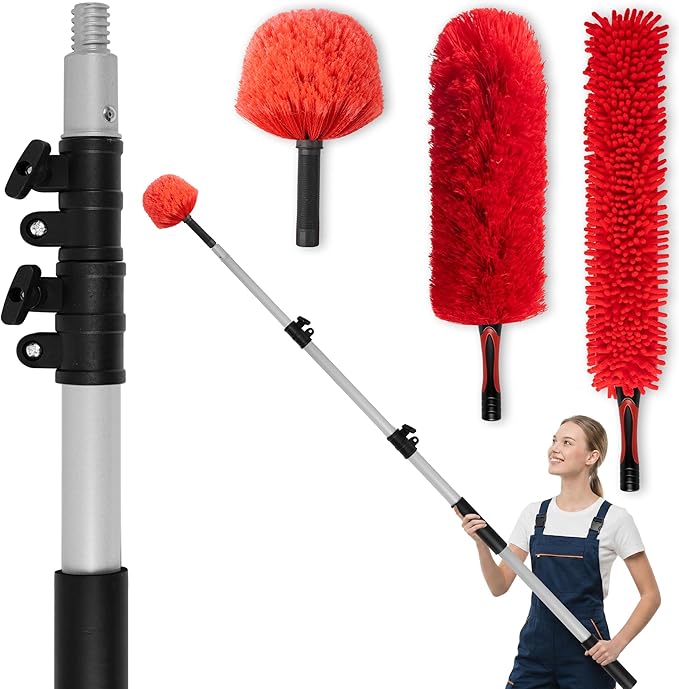 4 FT Duster with Extension Pole, 8 FT High Reach Ceiling Fan Cleaner Duster for Home, 2.5-4 FT Extendable Pole with 3 Pcs Dusting Tools, Cobweb Duster, Feather Dusters, Ceiling Fan Duster
