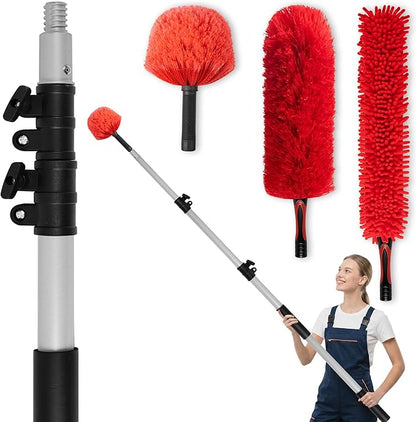 4 FT Duster with Extension Pole, 8 FT High Reach Ceiling Fan Cleaner Duster for Home, 2.5-4 FT Extendable Pole with 3 Pcs Dusting Tools, Cobweb Duster, Feather Dusters, Ceiling Fan Duster