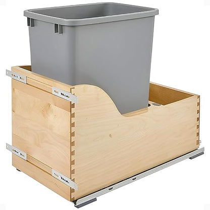Rev-A-Shelf Pullout Trash Can for Kitchen Cabinet, Single 35 Qt Bin with 12" Wood Frame - Large Garbage Bin Container for Home Waste Storage and Recycling