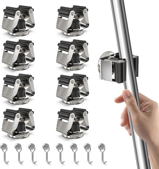 3-H Magnetic Broom Holder with Strong Magnetic Hook 16 Pack,Broom Holder Wall Mount for Garage Garden Shed Storage System Laundry Room Home Kitchen Organization,Silver