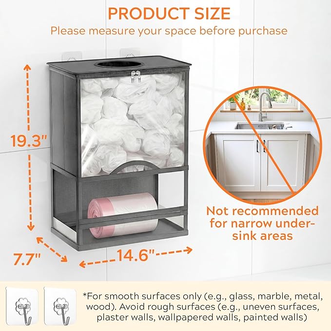Plastic Bag Holder, Grocery Bag Holder with Trash Bag Roll Dispenser, Wall Mounted Soft Fabric Trash Bag Dispenser (Not Rigid), 14.6" L × 7.7" W × 19.3" H, for Kitchen Pantry Laundry Garage, Gray