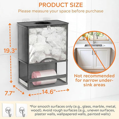 Plastic Bag Holder, Grocery Bag Holder with Trash Bag Roll Dispenser, Wall Mounted Soft Fabric Trash Bag Dispenser (Not Rigid), 14.6" L × 7.7" W × 19.3" H, for Kitchen Pantry Laundry Garage, Gray