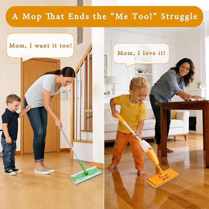 2PACK Kids Mops-Real Spray, No Batteries| Compatible with Disaposable Duster| Montessori Toys for Toddlers Age 2-5 Year Old, Kitchen Cleaning Set Gifts for Boys Girls (4 Microfiber Pads)