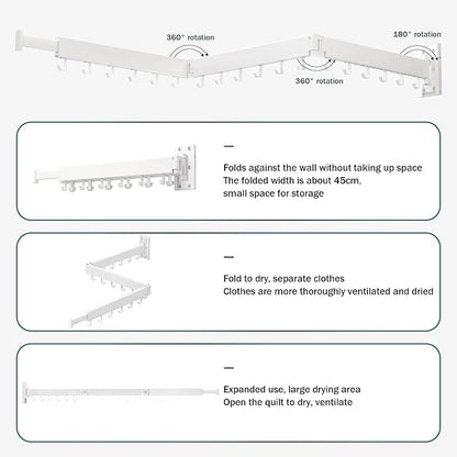 LIENAHU Wall Mounted Clothes Drying Rack, Collapsible, Folding, Retractable - Clothes Hanging Rack (Hooks, White)