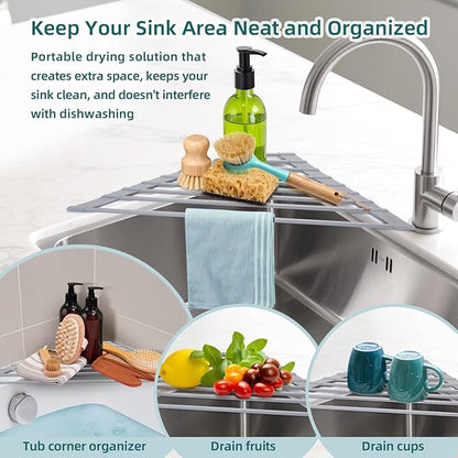 Ohuhu Triangle Roll Up Dish Drying Rack, Silicone Wrapped Steel Anti-Slip Sink Corner Rack Caddy Multipurpose Strainer for Kitchen Sink Trivet Space-Saving