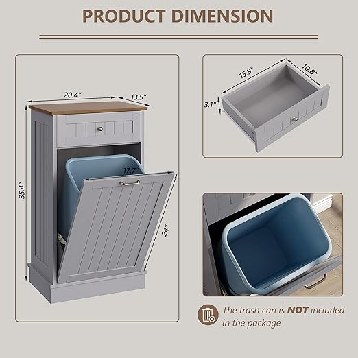 LOUVIXA Tilt Out Trash Can Cabinet, Hidden Trash Cabinet with Drawer, Wooden Dog Proof Trash Can Holder, Tilt Out Laundry Hamper, Garbage Can Holder (Gray)