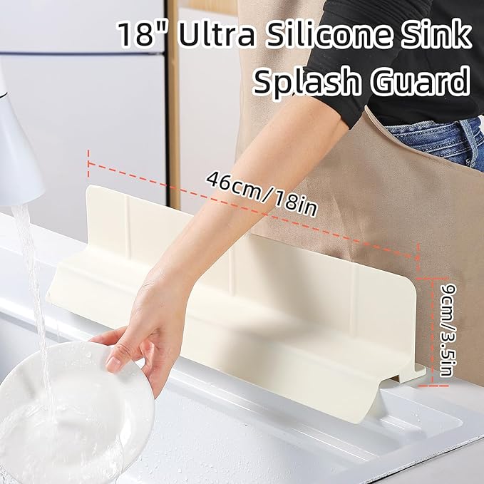 18" Upgraded Silicone Sink Splash Guard Released in 2026,Self-Draining Water Splash Guard for Kitchen Sink,Bathroom and Kitchen Island,with 3.5" High Splash Guard & 6 Strong Suction Cup (Beige)