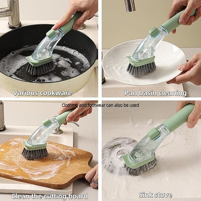 Soap Dispensing Dish Brush with Handle - Kitchen Scrub Brush for Pots Pans, Effortless Cleaning with Soap Chamber, Nylon Bristles (Light Green)