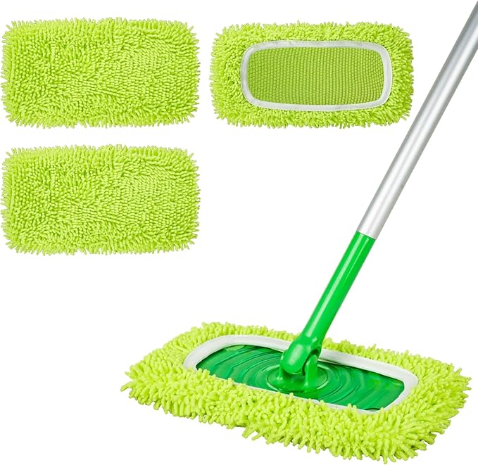 Reusable 100% Chenille Mop Pads Compatible with Swiffer Sweeper, Wet and Dry Flat mop Cover, 3 Pack Washable Pads for Surface/Hardwood Floor Cleaning
