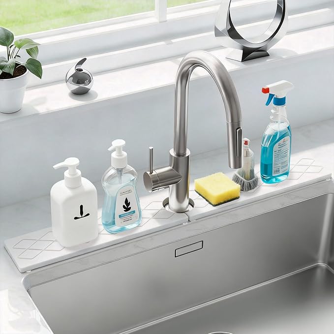 Sink Water Splash Guard, Stone Faucet Mat for Kitchen Sink, Water Absorbing Stone Drying Tray for Bathroom, Prevent Moisture for Kitchen Bathroom Counter, Matte white, 30" x 4"