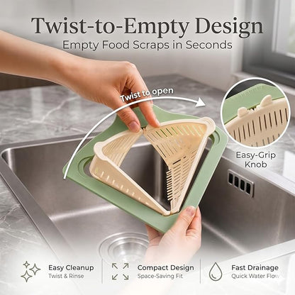 Magnetic Drainage & Filter Basket, Triangular Sink Strainer with Twist-Open Bottom, triangular drain magnetic basket, corner sink strainer for food scraps (White And Green Interwoven)