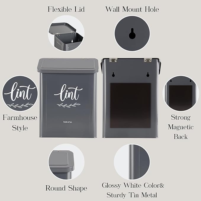 Perfnique Magnetic Lint Bin for Laundry Room with Lint Brush, Wall Mounted Lint Holder Trash can with lid for Dryer, Modern Farmhouse Rustic Metal Laundry Room Storage Organization and Decor(Gray)