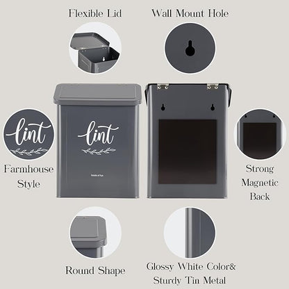 Perfnique Magnetic Lint Bin for Laundry Room with Lint Brush, Wall Mounted Lint Holder Trash can with lid for Dryer, Modern Farmhouse Rustic Metal Laundry Room Storage Organization and Decor(Gray)