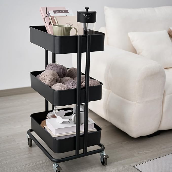 3 Tier Rolling Cart Metal Heavy Duty Utility Cart with Silent Caster Lockable Wheels Multi-Functional Organization Carts Storage Trolley with Mesh Shelves for Office Kitchen Living Room Black