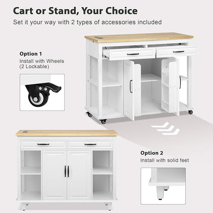 47" Kitchen Island with Extendable Dining Table, Movable Farmhouse Kitchen Islands with Storage Rack, Power Outlet, Island Table on Wheels with 2 Storage Drawers & 2 Cabinets, White