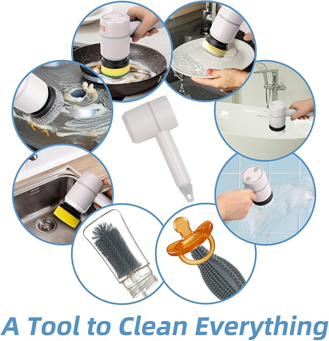 Super Electric Spin Scrubber 1000RPM with 6 Brush Heads, Portable Rechargeable Scrub Cleaner Cordless for Bathroom, Kitchen, Toilet, Bottle, Dish, Tile, Tub, Floor, Window Cleaning
