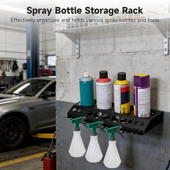 Spray Bottle Holder Wall Mount, Auto Cleaning Detailing Tools Hanger, Garage Bottle Organizer with 4 Spray Can Slots, 12 Holes, and 7 Hooks, Wide Application for Car Washing, Home Cleaning