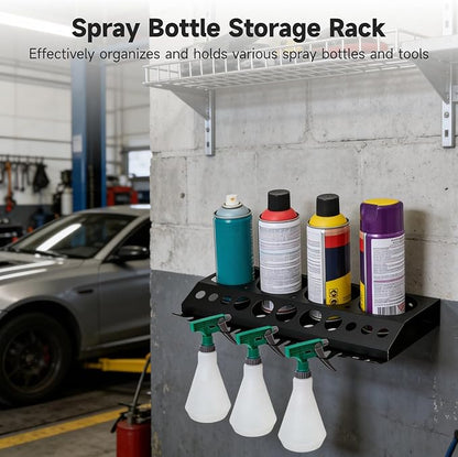 Spray Bottle Holder Wall Mount, Auto Cleaning Detailing Tools Hanger, Garage Bottle Organizer with 4 Spray Can Slots, 12 Holes, and 7 Hooks, Wide Application for Car Washing, Home Cleaning