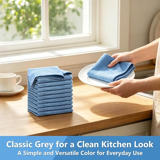 Kitchen Dish Cloths, 12 Pack, 10 x 10 Inches, Super Absorbent Microfiber Dish Towels, Soft Fast Drying Reusable Dish Rags for Washing Dishes, Countertops and Sink, Light Blue