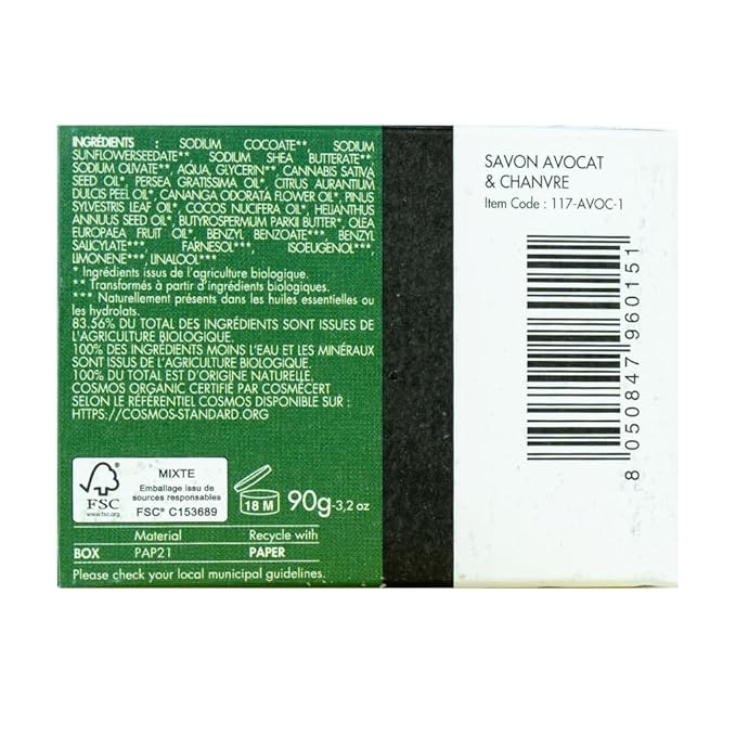 – Organic Avocado & Hemp Soap, French Artisan Soap Handcrafted in South France, Cold Process, 3.2 oz