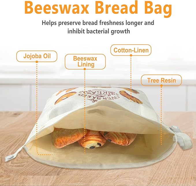 Reusable Beeswax Bread Bags for Homemade Bread Sourdough, 2 Packs of Beeswax Lined Large Space Bags for Sourdough, Keep Homemade Bread Fresh and Flavorful