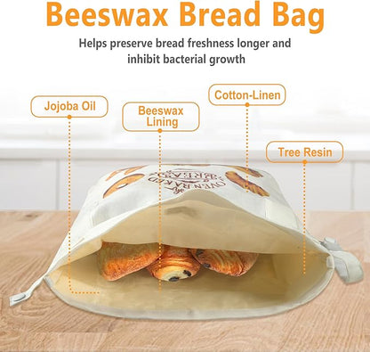 Reusable Beeswax Bread Bags for Homemade Bread Sourdough, 2 Packs of Beeswax Lined Large Space Bags for Sourdough, Keep Homemade Bread Fresh and Flavorful