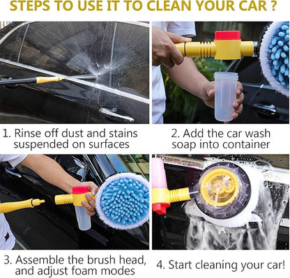 Automatic Rotating Car Wash Brush with Soap Dispenser, Soft Chenille Car Washing Brush Spin Mop Garden Hose Brush Foam Spray Gun Exterior Car Cleaning Brush Kit (Detachable Long Handle)