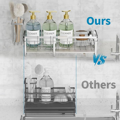 Aurblozen Extra Large Extendable Sponge Holder for Kitchen Sink, Rustproof Sink Caddy Organizer with High Brush Holder, Dish Soap Dispenser Organizers and Storage (Stainless Steel)