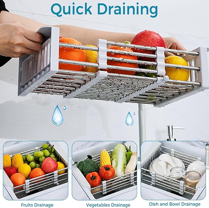 COVRA Stainless Steel Over-Sink Dish Drying Rack – Versatile Kitchen Organizer for 11″–19″ Square Sinks – Effortless Drying for Dishes, Fruits & Vegetables (Gray)