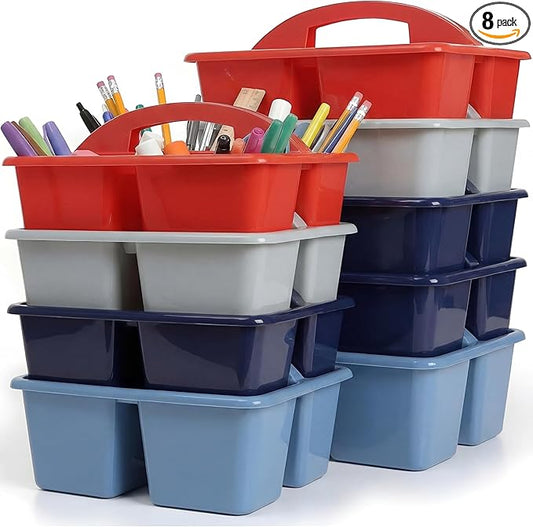 Kathfly 8 Pack Caddy Organizer with Handle, Stackable Organization Storage, Small Plastic Basket Classroom Caddy for Table Desk Office Pencil Kids Room Craft Art Teacher School Supplies (Blue Red)