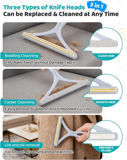 Carpet Rake for Pet & Human Hair Removal, Reusable Pet Hair Remover Tool with 54 Inch Adjustable Long Handle, 3 Piece Carpet Scraper Set, Easy Assembly for Rugs, Carpets, Couch and Furniture