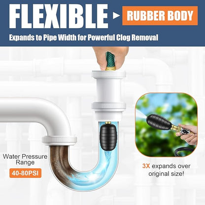 3 Pcs Drain Bladder Kit, Drain Cleaning Bladder Fits 1" to 6" Pipes, with 10 ft Retractable Hose, Shut-Off Valve & Brass Faucet Adapter Fits Most Faucets– For Sinks, Showers, Pools & Drains (Green)