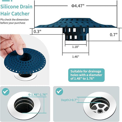 Aluvor Bathtub Drain Hair Catcher,Silicone Tub Hair Catcher Drain Protector,All-in-one Shower Hair Drain Catcher Strainer for 1.48'' to 1.76'' Regular Drains, 3PCS/Navy Blue