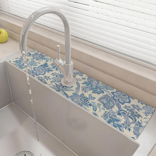 24" X 5.5" Kitchen Sink Splash Guard Faucet Mat Flora Super Absorbent Fast Drying Faucet Guard & Draining Mat Sink Splash Guard Behind Faucet for Kitchen, Bathroom