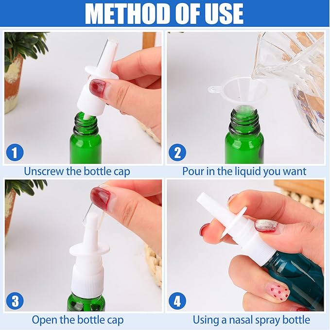 10 Pcs Nasal Spray Bottle, 10ML/0.35OZ Empty Glass Green Nasal Nose Spray Bottles Refillable with 2 Funnels and 2 Labels