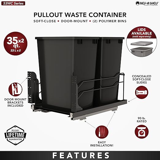 Rev-A-Shelf Steel Double Pullout Waste Container with Soft-Close, 35 Quart, Black - Sliding Garbage Bin System with Dual Trash Can for 18" Home Kitchen Base Cabinet, 53WC-1835SCDM-218
