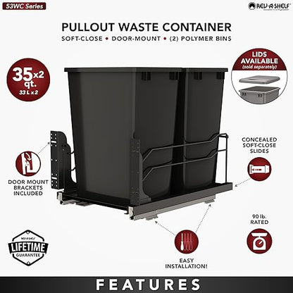 Rev-A-Shelf Steel Double Pullout Waste Container with Soft-Close, 35 Quart, Black - Sliding Garbage Bin System with Dual Trash Can for 18" Home Kitchen Base Cabinet, 53WC-1835SCDM-218
